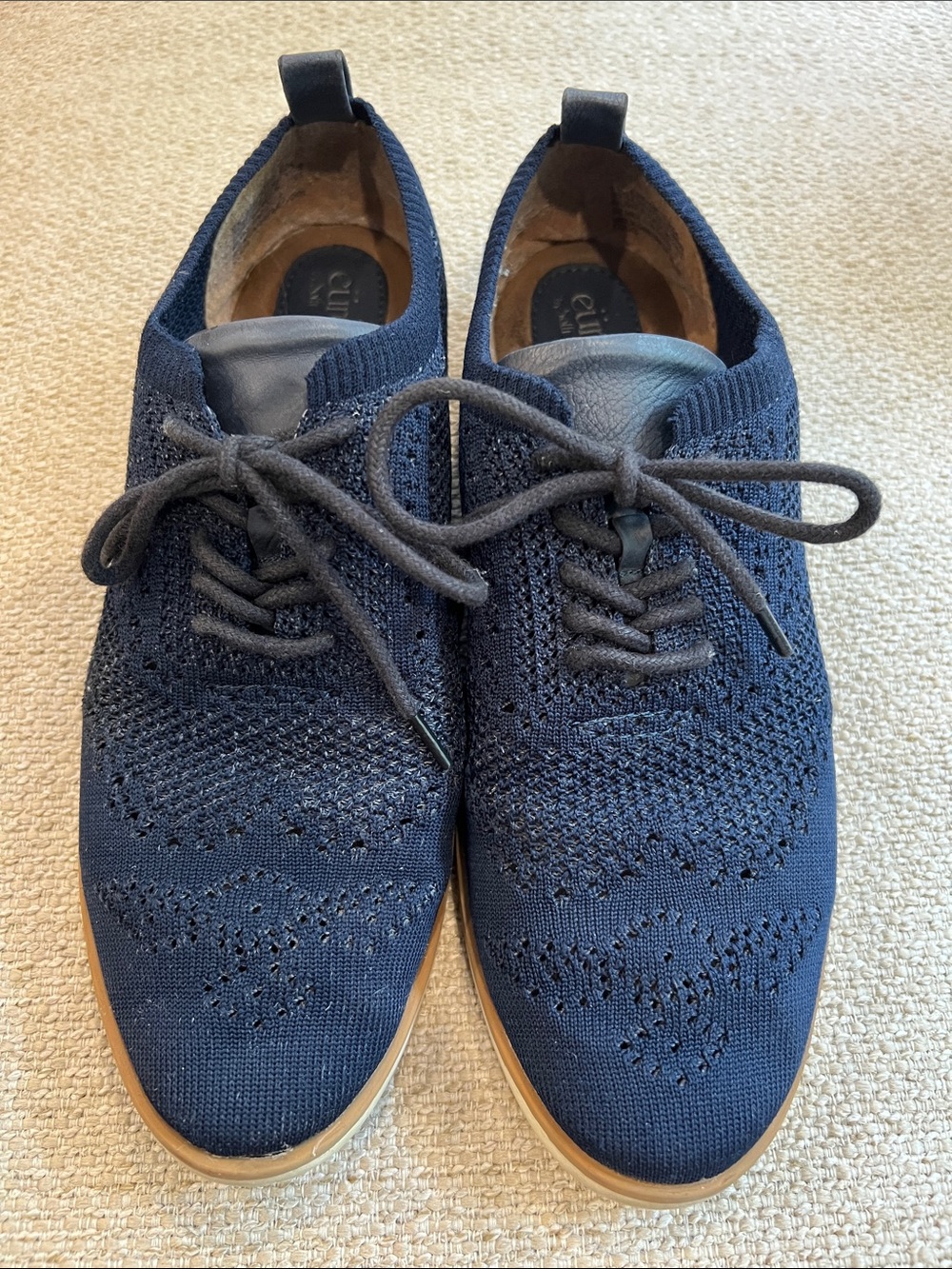 Women's Navy Knit Lace-Up Flats with Tan Sole
